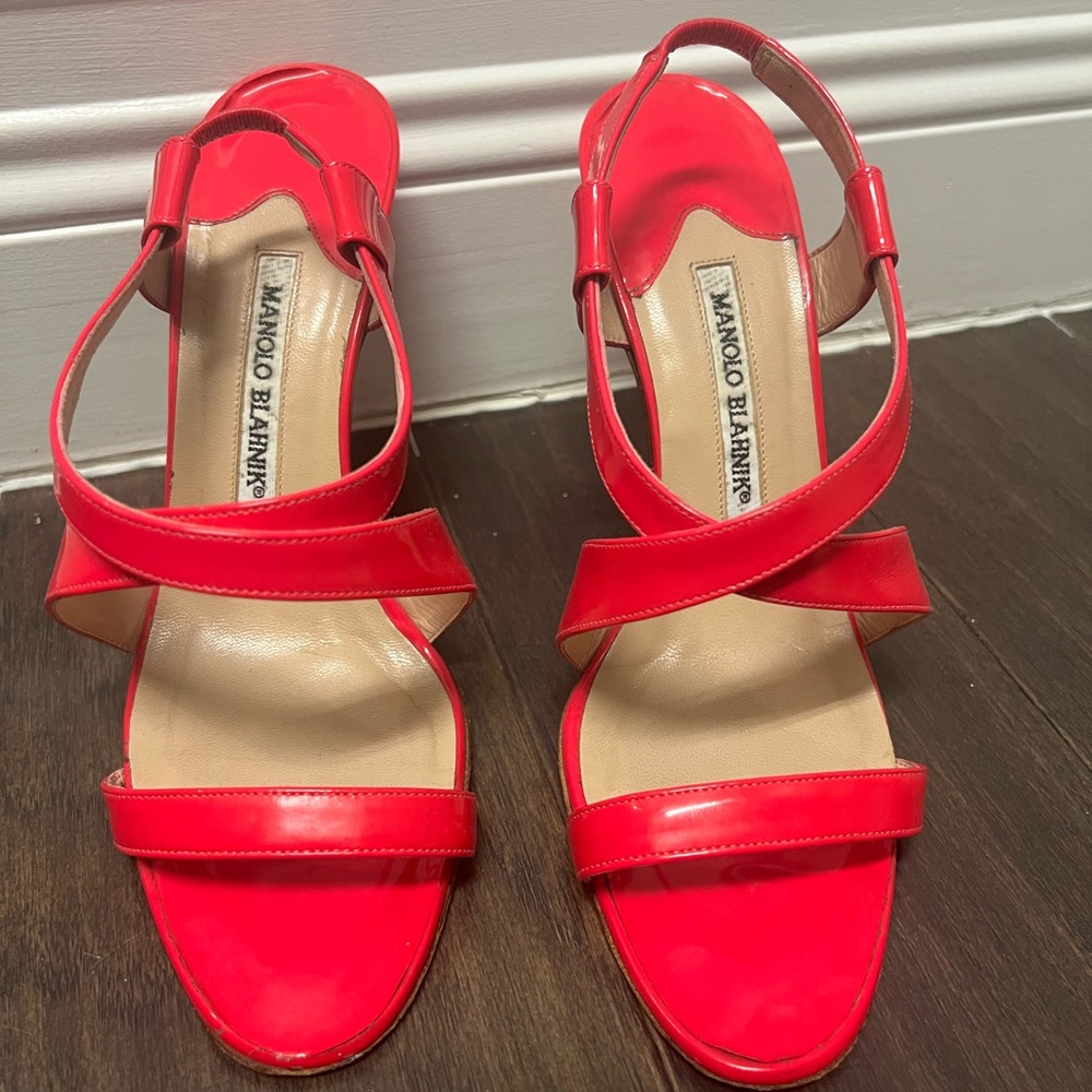 Manolo Blahnik Neon Pink Strappy Sandals